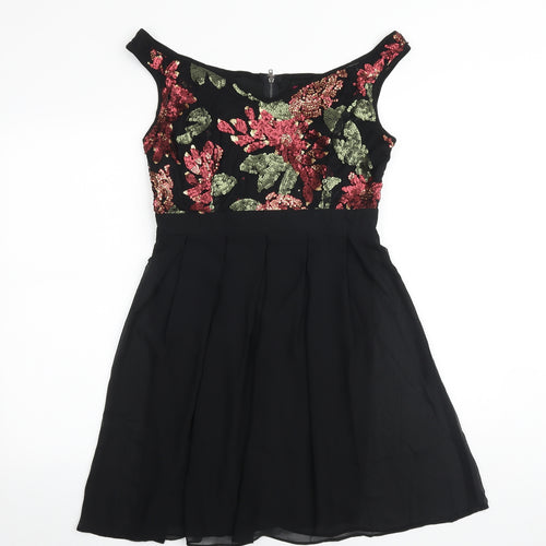 Missi Womens Black Floral Polyester Fit & Flare Size 12 V-Neck Zip