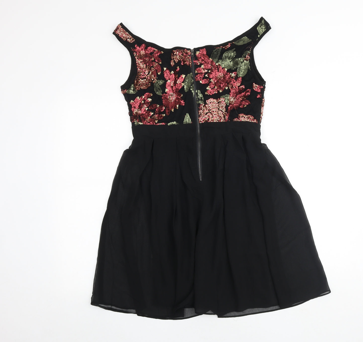 Missi Womens Black Floral Polyester Fit & Flare Size 12 V-Neck Zip