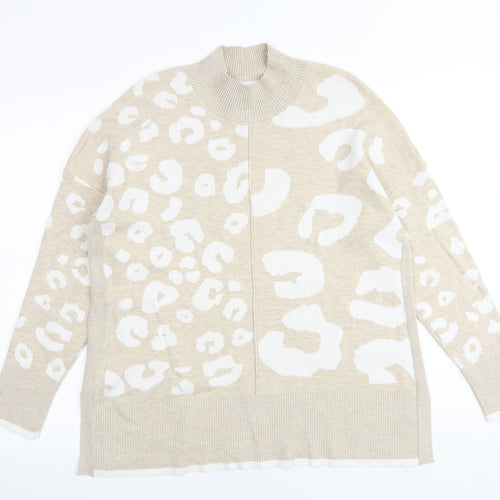 Mud Flowers Womens Beige High Neck Animal Print 100% Cotton Pullover Jumper Size M - Leopard Print