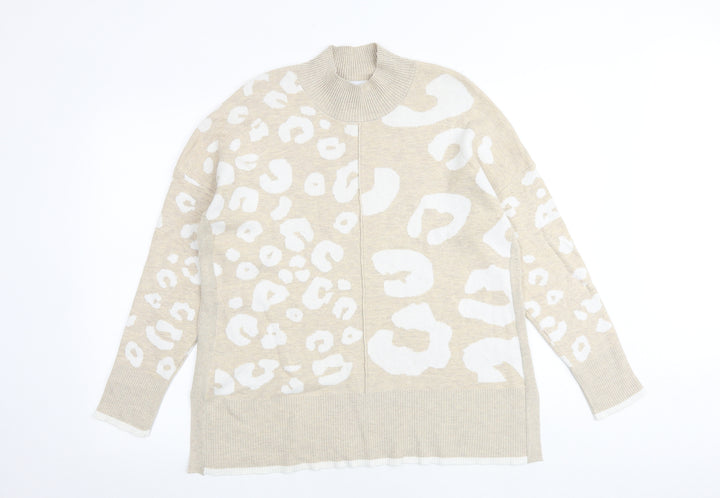 Mud Flowers Womens Beige High Neck Animal Print 100% Cotton Pullover Jumper Size M - Leopard Print