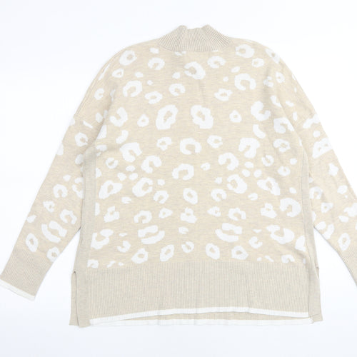 Mud Flowers Womens Beige High Neck Animal Print 100% Cotton Pullover Jumper Size M - Leopard Print