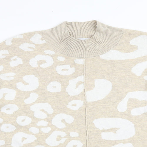 Mud Flowers Womens Beige High Neck Animal Print 100% Cotton Pullover Jumper Size M - Leopard Print