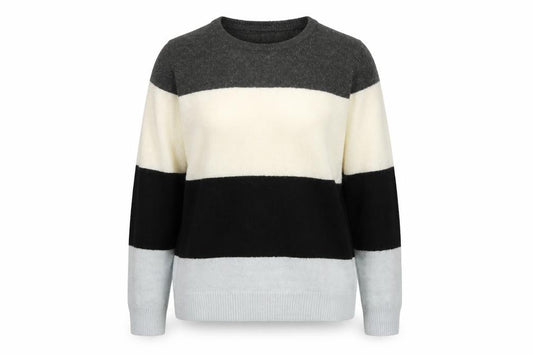 Front view of Amara Reya women’s multicoloured round neck striped acrylic jumper, size L