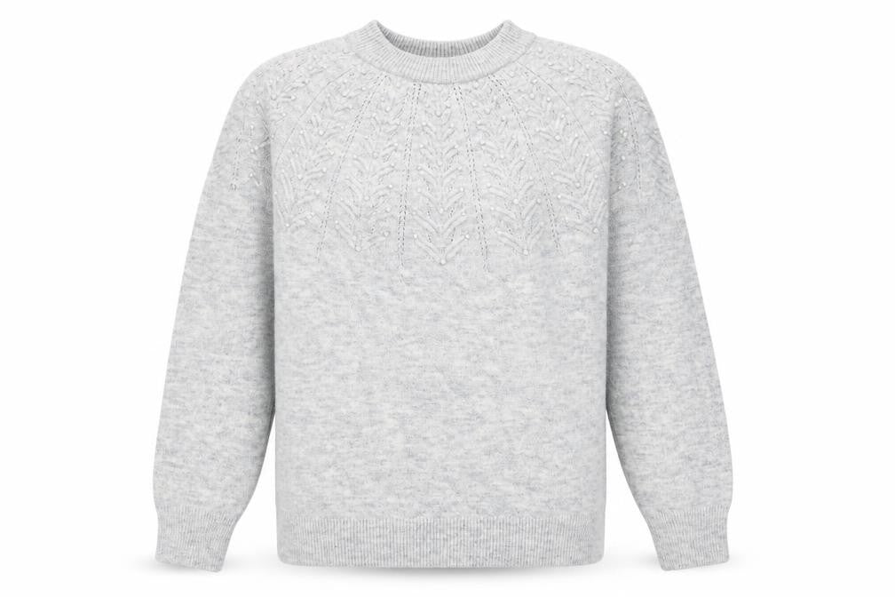 Front view of Marks & Spencer women’s grey round neck acrylic jumper, size M