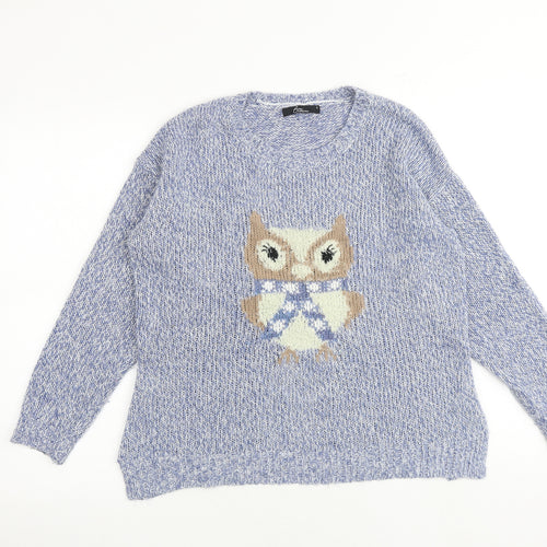 Bonmarché Womens Blue Round Neck Acrylic Pullover Jumper Size S - Owl