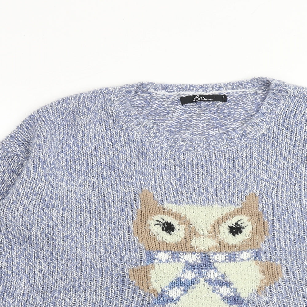 Bonmarché Womens Blue Round Neck Acrylic Pullover Jumper Size S - Owl