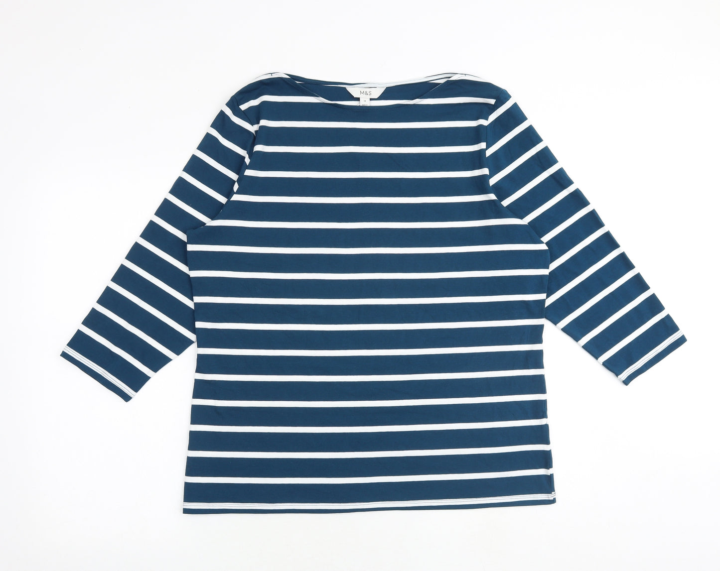 Marks and Spencer Womens Blue Striped Cotton Basic T-Shirt Size 18 Round Neck