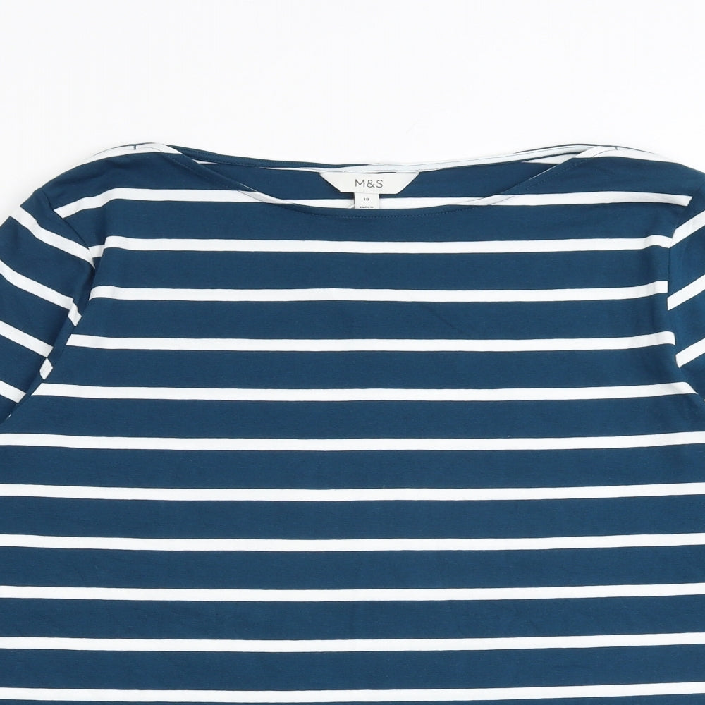 Marks and Spencer Womens Blue Striped Cotton Basic T-Shirt Size 18 Round Neck