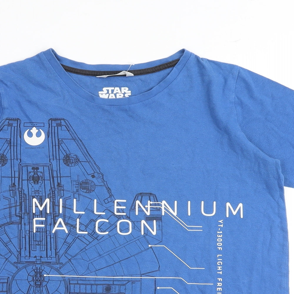 Marks and Spencer Boys Blue Cotton Basic T-Shirt Size 13-14 Years Round Neck Pullover - Millennium Falcon