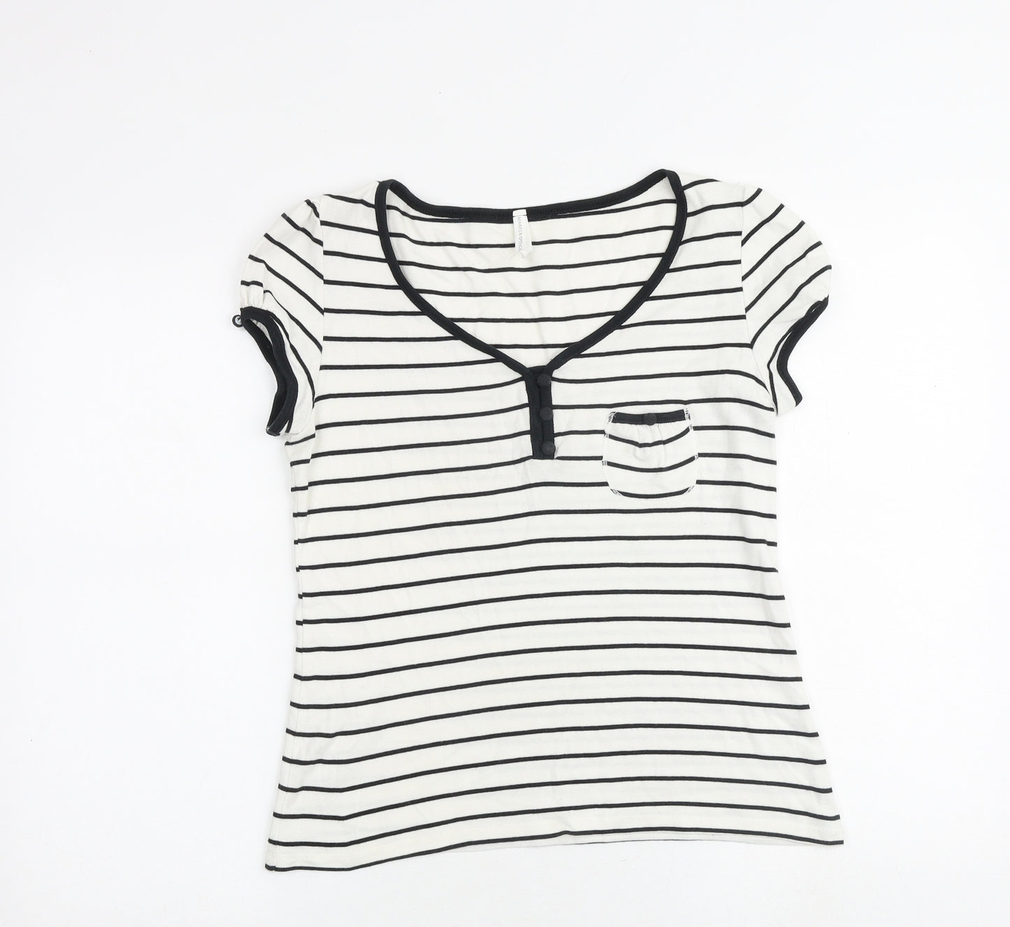 Marks and Spencer Womens White Striped 100% Cotton Basic T-Shirt Size 14 V-Neck