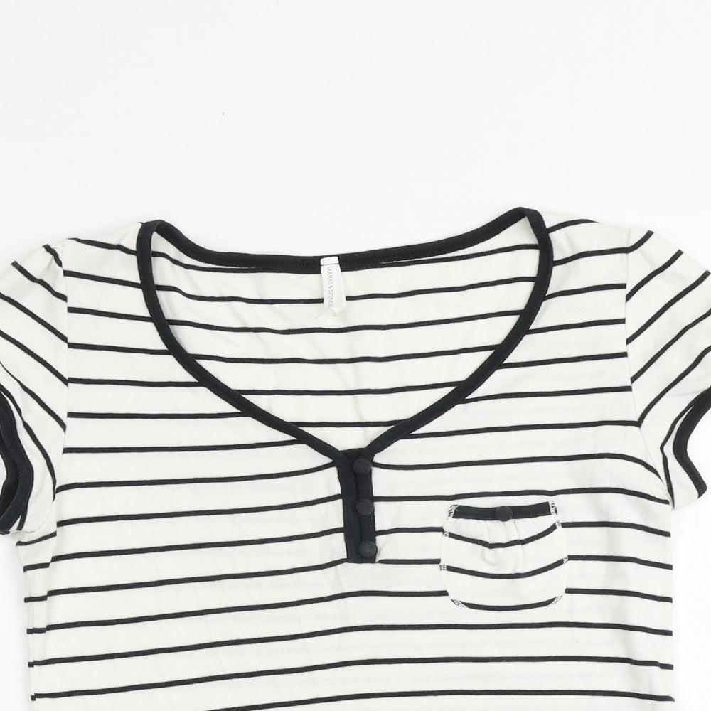 Marks and Spencer Womens White Striped 100% Cotton Basic T-Shirt Size 14 V-Neck