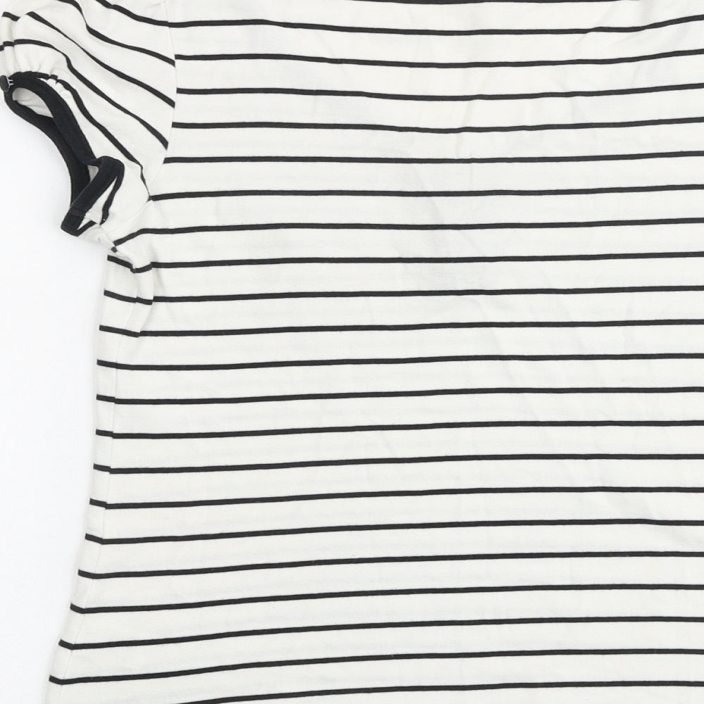 Marks and Spencer Womens White Striped 100% Cotton Basic T-Shirt Size 14 V-Neck