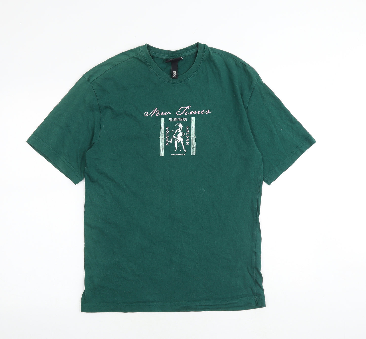 H&M Mens Green Cotton T-Shirt Size XS Round Neck - New Times Ancient Wisdom