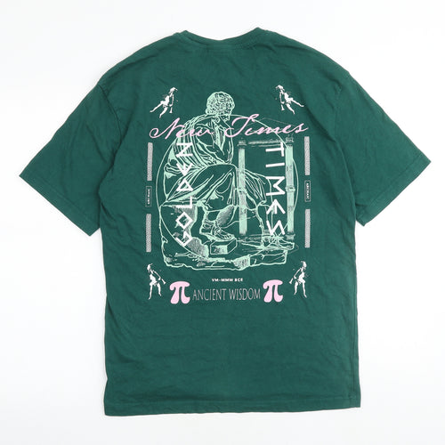 H&M Mens Green Cotton T-Shirt Size XS Round Neck - New Times Ancient Wisdom
