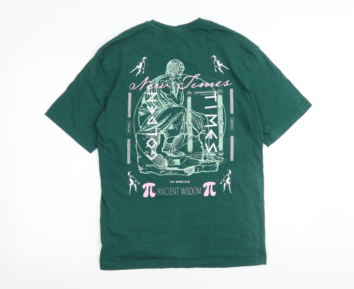 H&M Mens Green Cotton T-Shirt Size XS Round Neck - New Times Ancient Wisdom