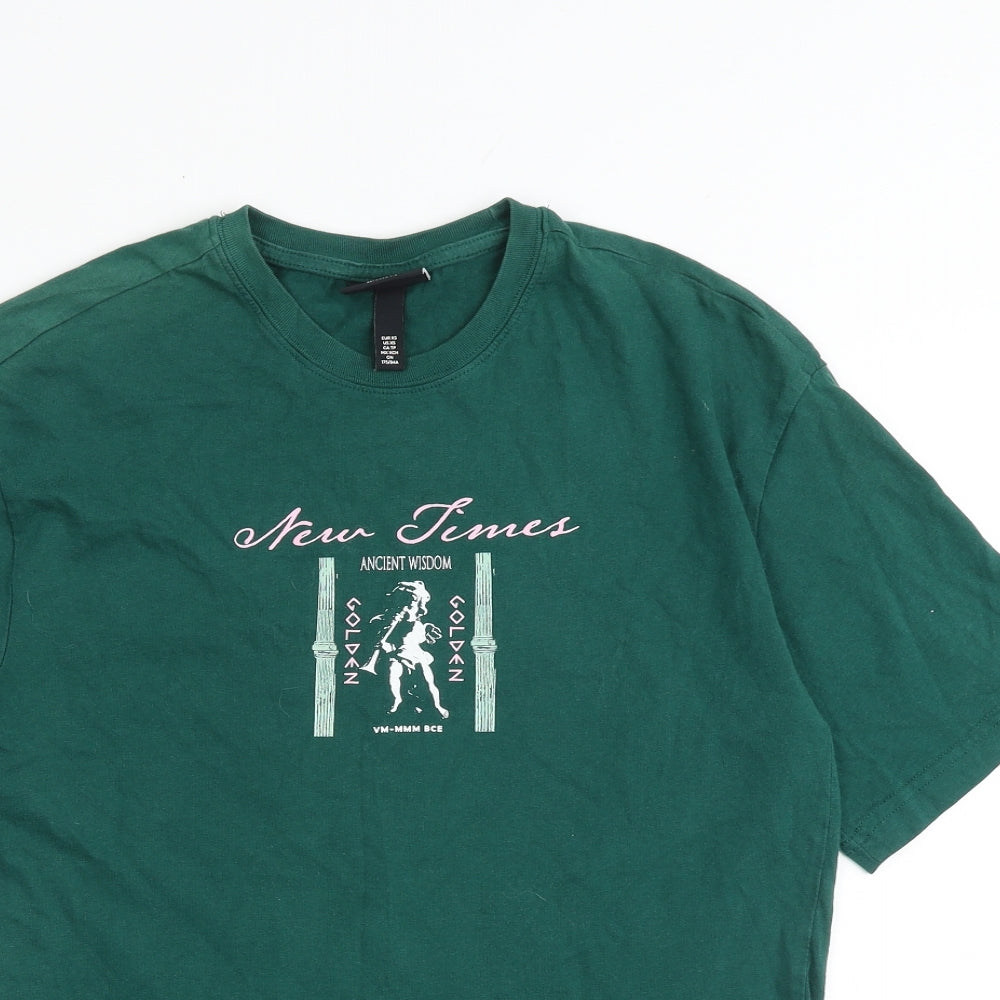 H&M Mens Green Cotton T-Shirt Size XS Round Neck - New Times Ancient Wisdom