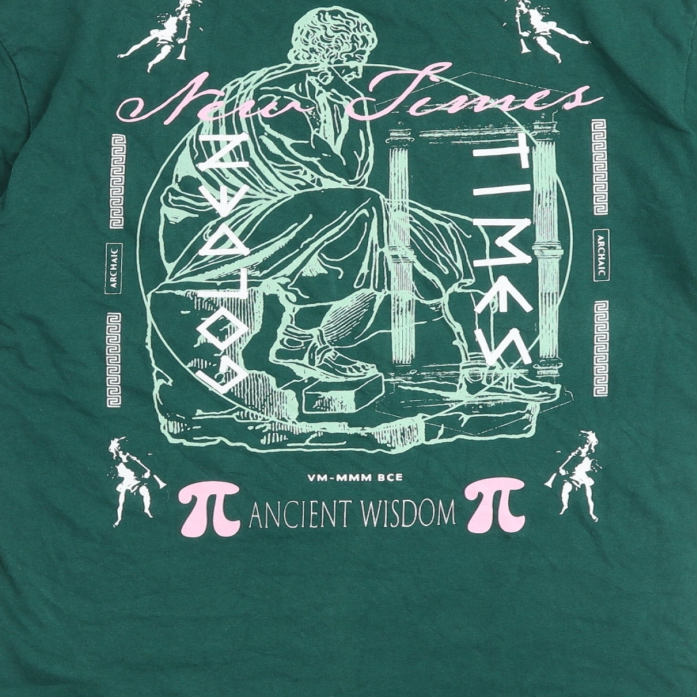 H&M Mens Green Cotton T-Shirt Size XS Round Neck - New Times Ancient Wisdom
