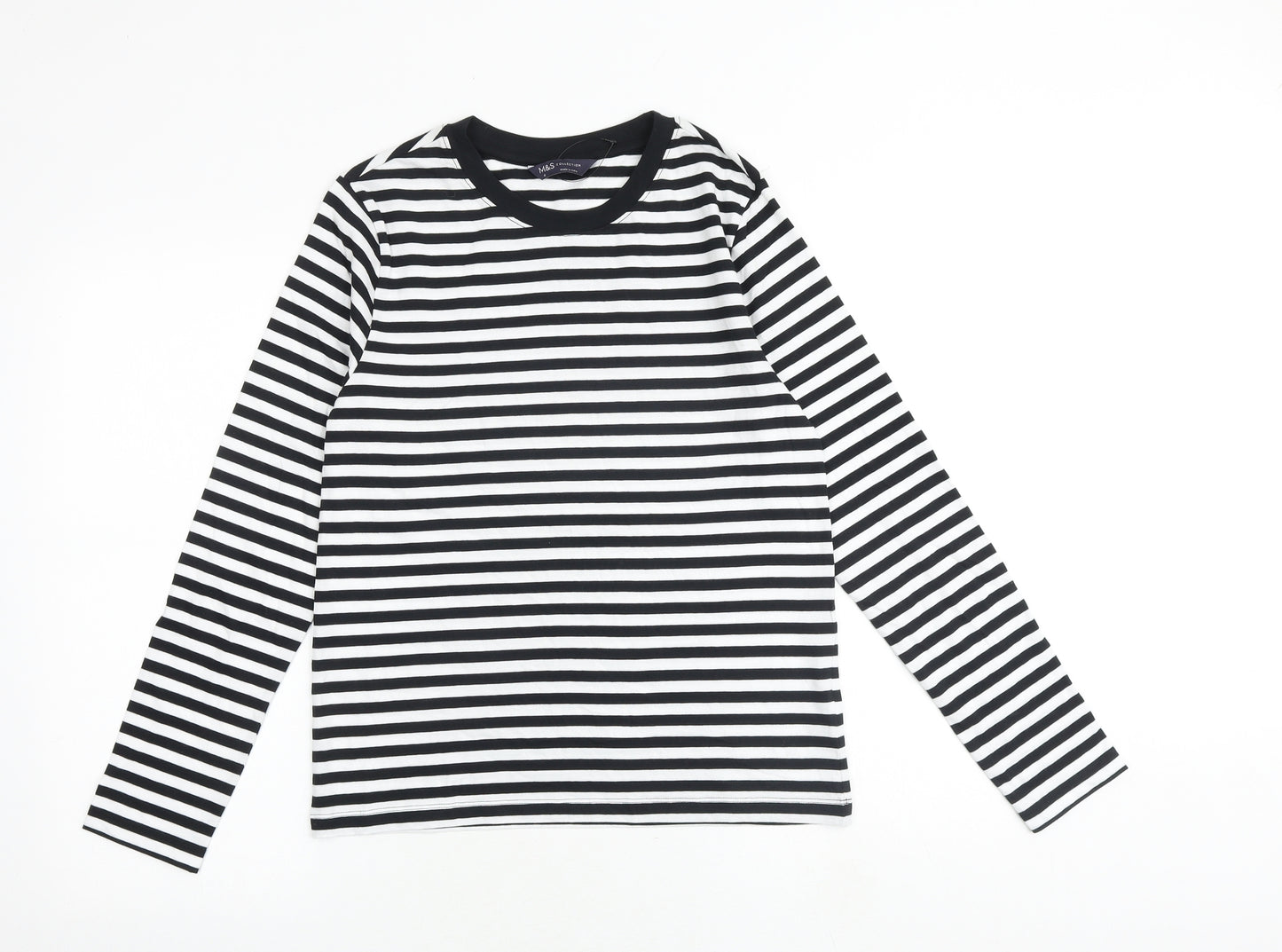 Marks and Spencer Womens Black Striped 100% Cotton Basic T-Shirt Size 6 Round Neck
