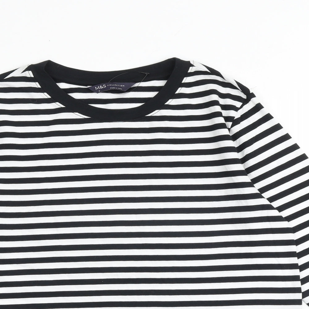 Marks and Spencer Womens Black Striped 100% Cotton Basic T-Shirt Size 6 Round Neck