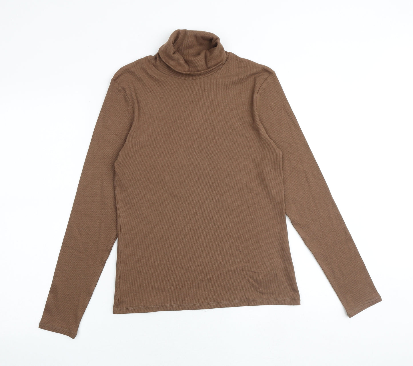Marks and Spencer Womens Brown Cotton Basic T-Shirt Size 12 Roll Neck