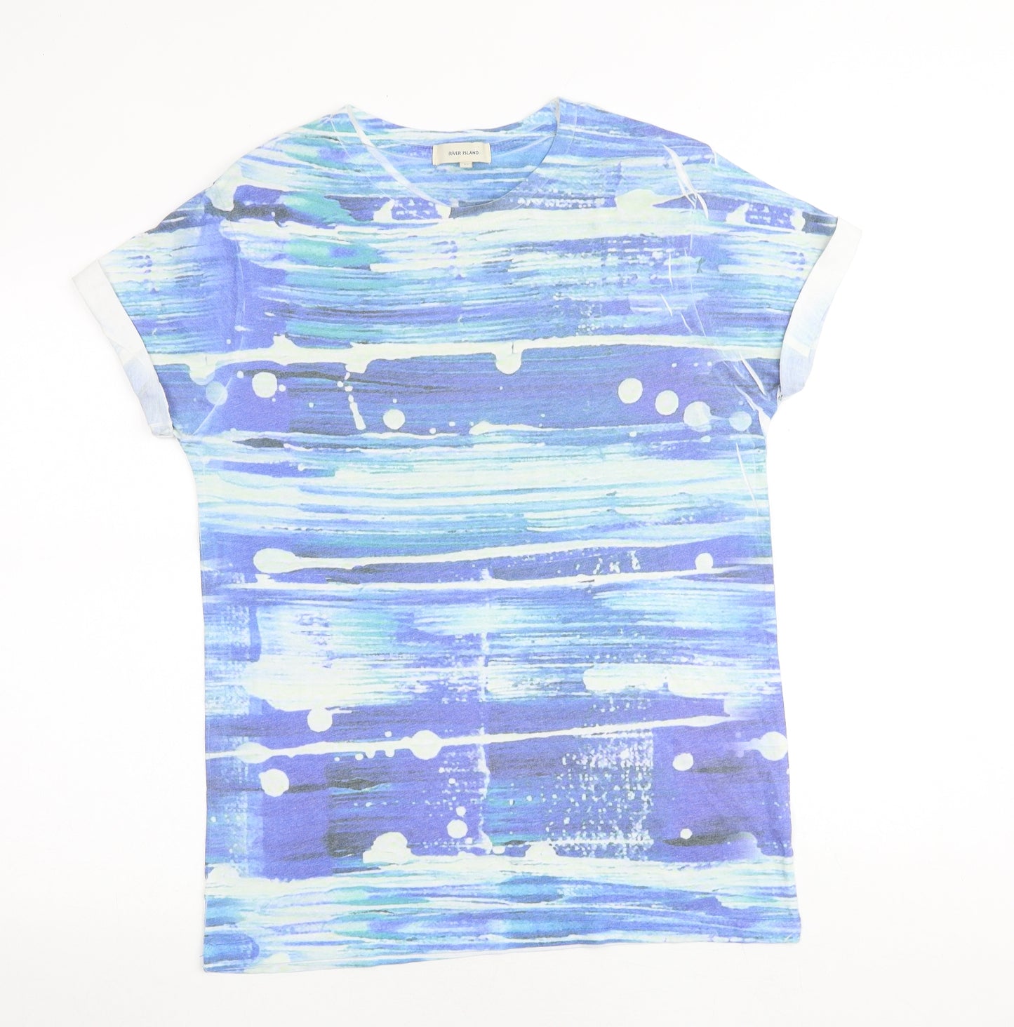 River Island Mens Blue Geometric Polyester T-Shirt Size M Round Neck
