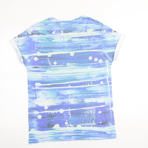 River Island Mens Blue Geometric Polyester T-Shirt Size M Round Neck