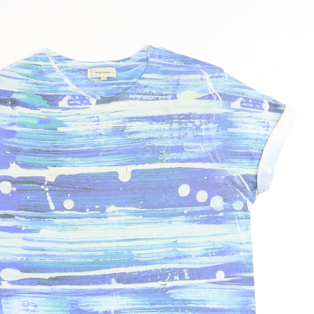 River Island Mens Blue Geometric Polyester T-Shirt Size M Round Neck