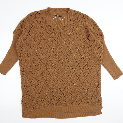 Boohoo Womens Brown Geometric Acrylic Jumper Dress Size XL V-Neck Pullover