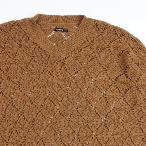 Boohoo Womens Brown Geometric Acrylic Jumper Dress Size XL V-Neck Pullover