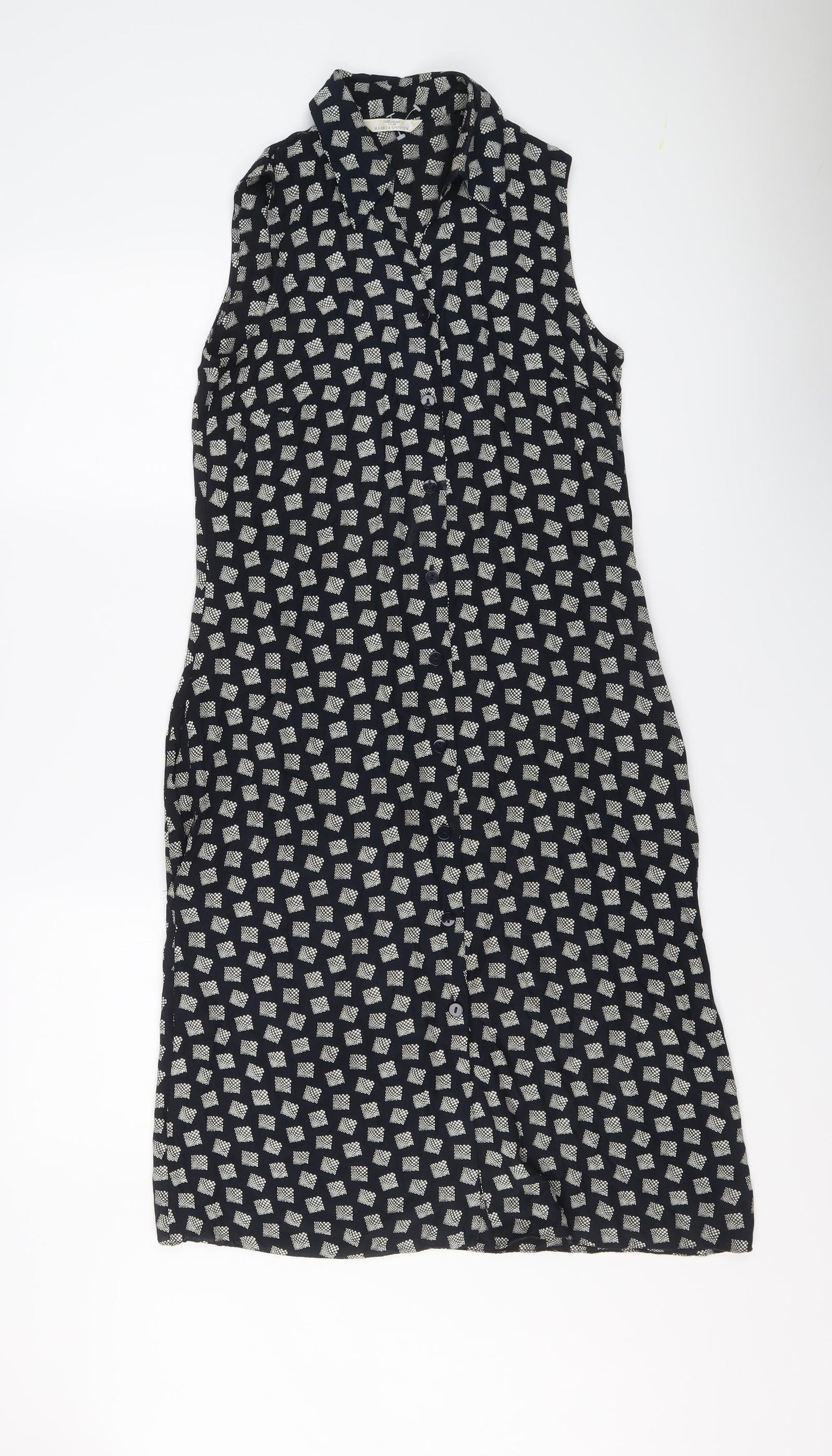 St Michael Womens Blue Geometric Viscose Shirt Dress Size 8 Collared Button