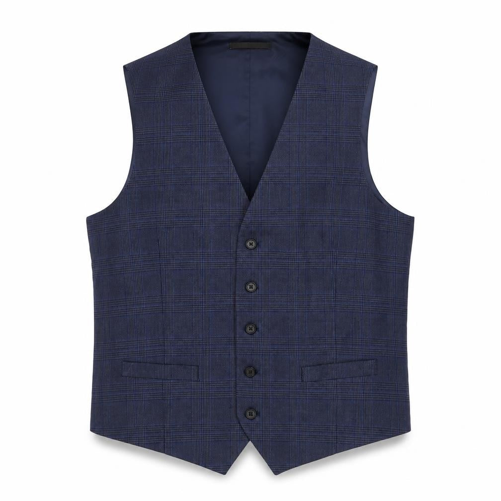 Front view of Marks & Spencer men’s blue polyester jacket suit waistcoat, size 40, regular