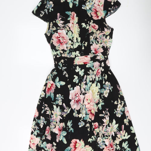 Dorothy Perkins Womens Black Floral Viscose Skater Dress Size 14 Round Neck Zip