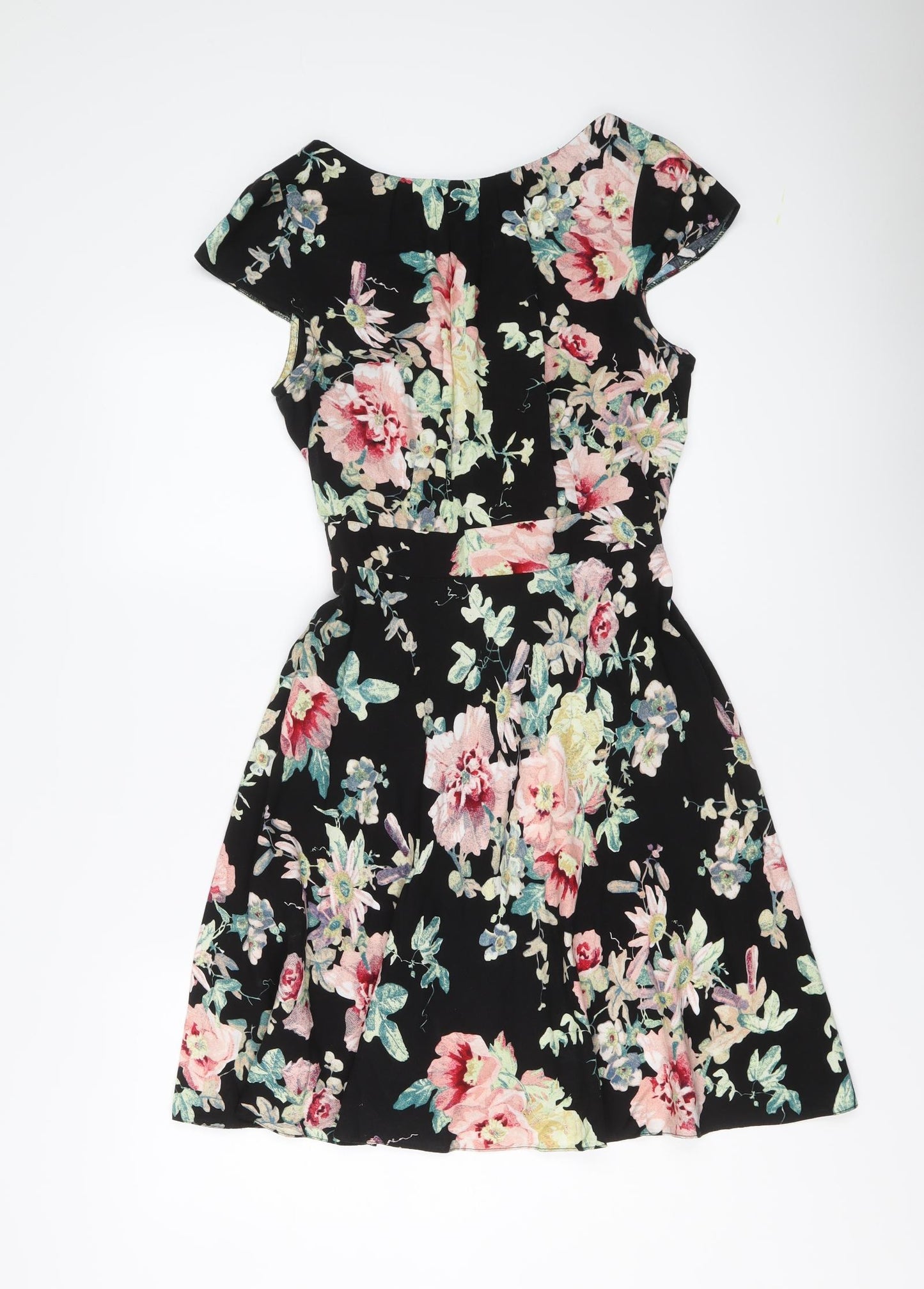 Dorothy Perkins Womens Black Floral Viscose Skater Dress Size 14 Round Neck Zip