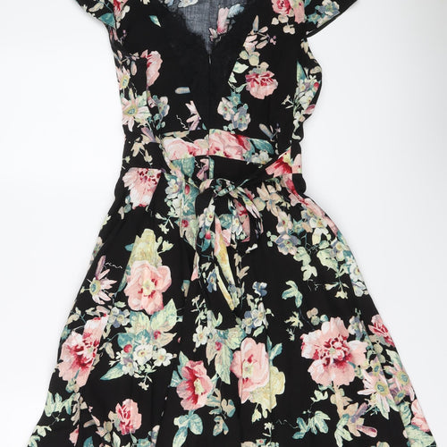 Dorothy Perkins Womens Black Floral Viscose Skater Dress Size 14 Round Neck Zip