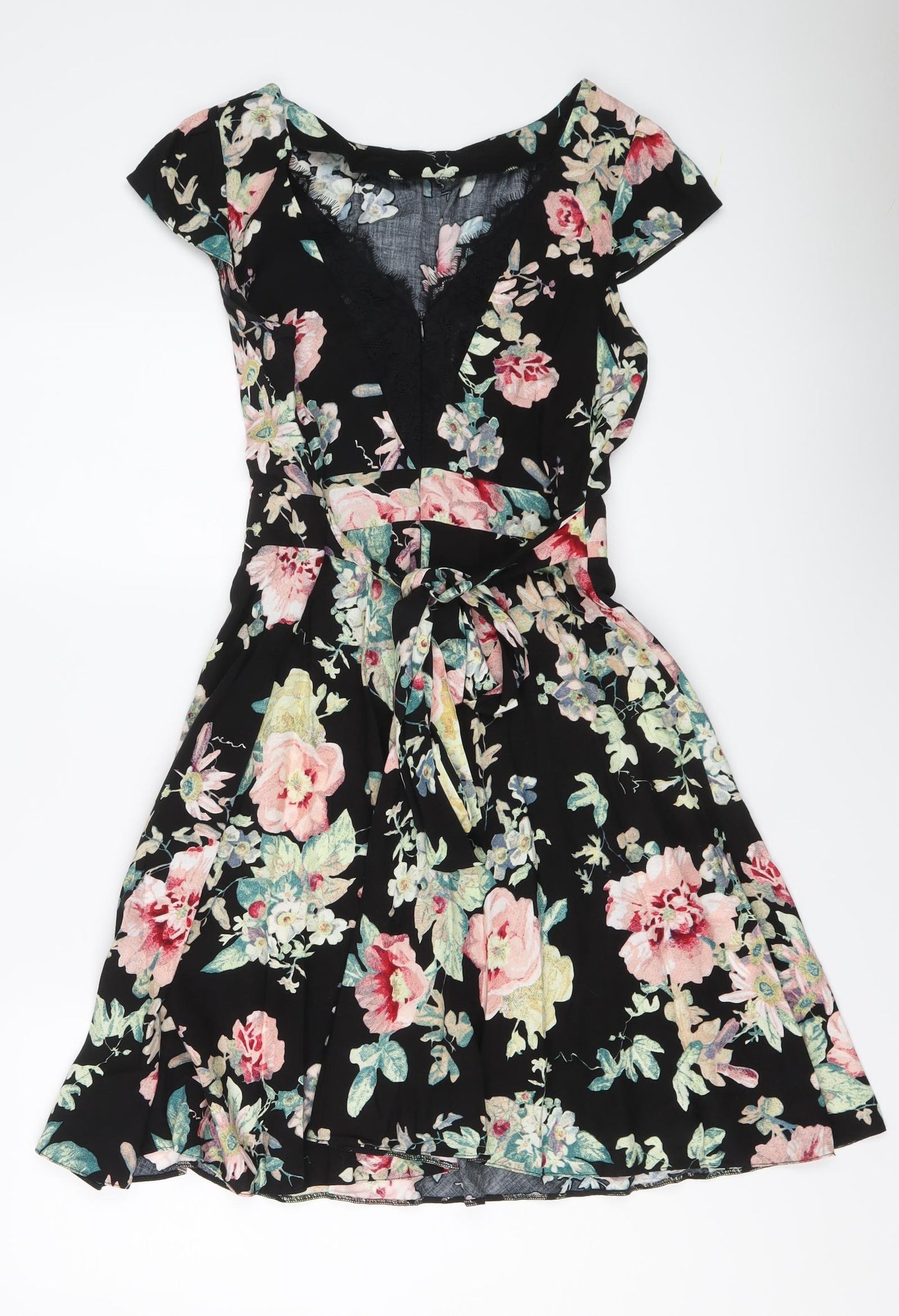 Dorothy Perkins Womens Black Floral Viscose Skater Dress Size 14 Round Neck Zip