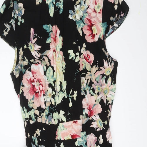 Dorothy Perkins Womens Black Floral Viscose Skater Dress Size 14 Round Neck Zip