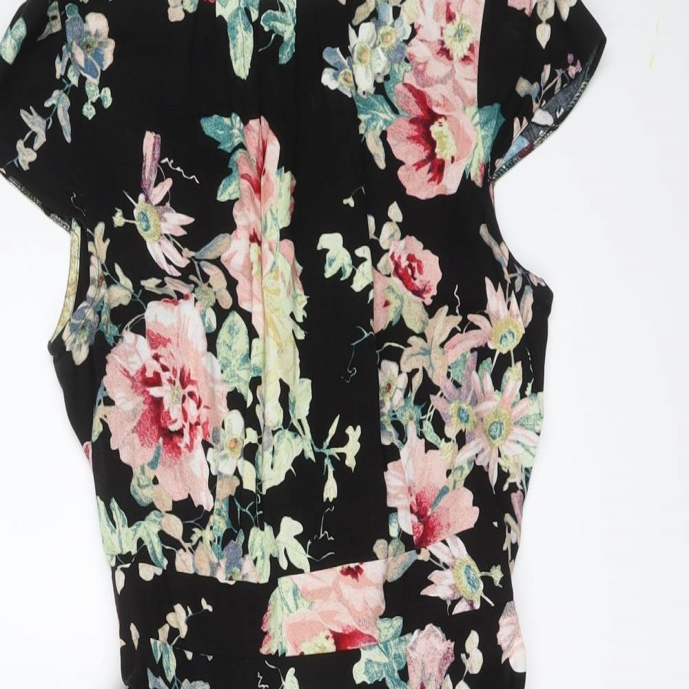 Dorothy Perkins Womens Black Floral Viscose Skater Dress Size 14 Round Neck Zip