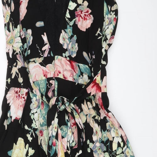 Dorothy Perkins Womens Black Floral Viscose Skater Dress Size 14 Round Neck Zip