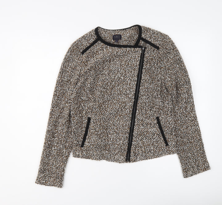 Marks and Spencer Womens Brown Geometric Biker Jacket Size 12 Zip