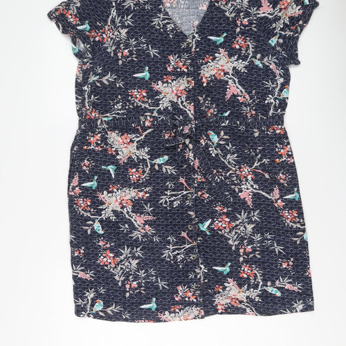 M&Co Womens Blue Floral Viscose A-Line Size 16 V-Neck Button
