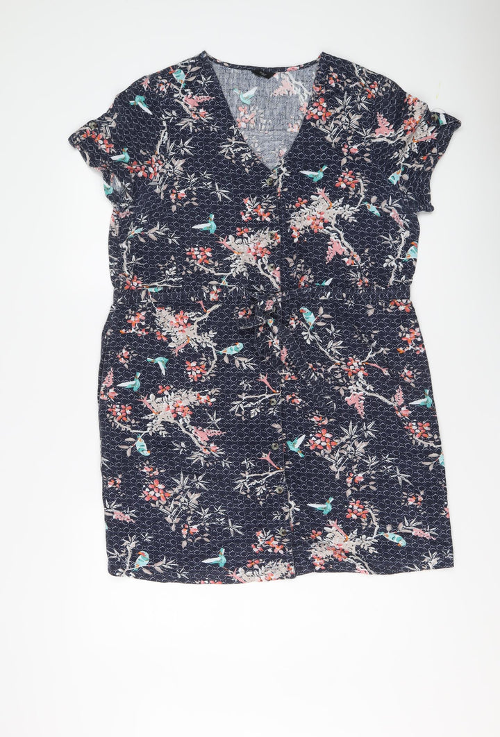 M&Co Womens Blue Floral Viscose A-Line Size 16 V-Neck Button