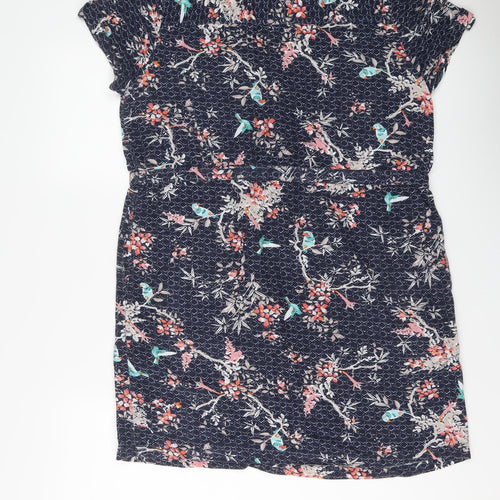 M&Co Womens Blue Floral Viscose A-Line Size 16 V-Neck Button