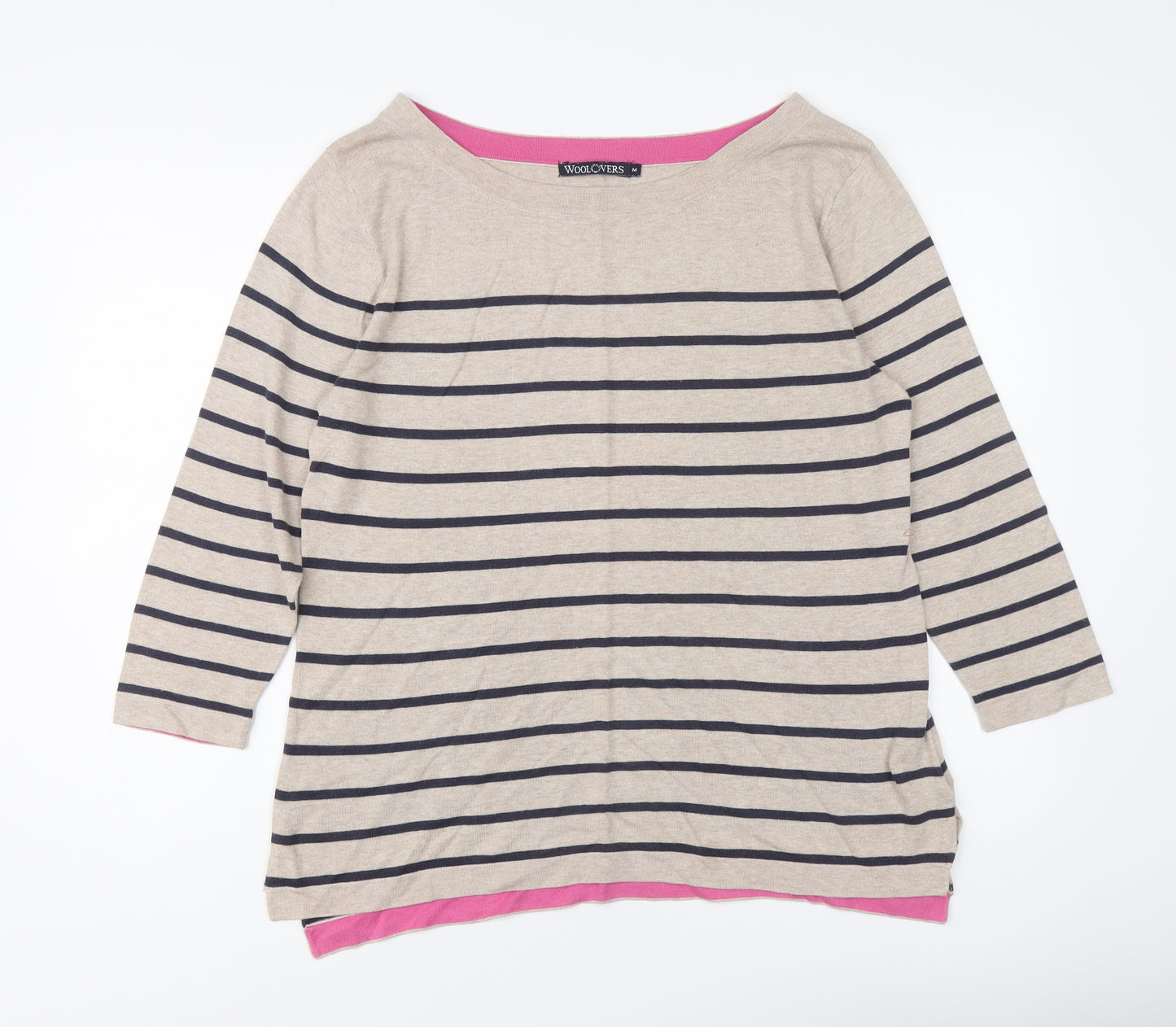 Woolovers Womens Beige Boat Neck Striped Cotton Pullover Jumper Size M