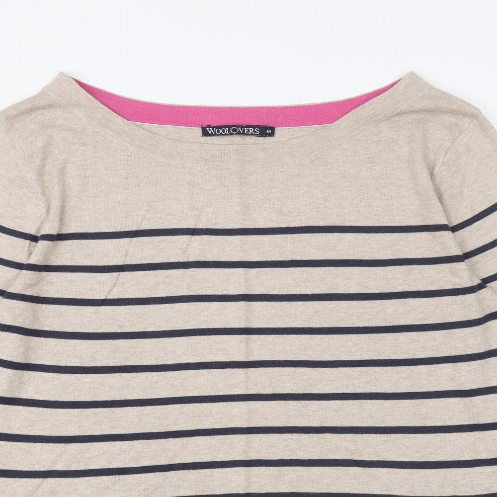 Woolovers Womens Beige Boat Neck Striped Cotton Pullover Jumper Size M