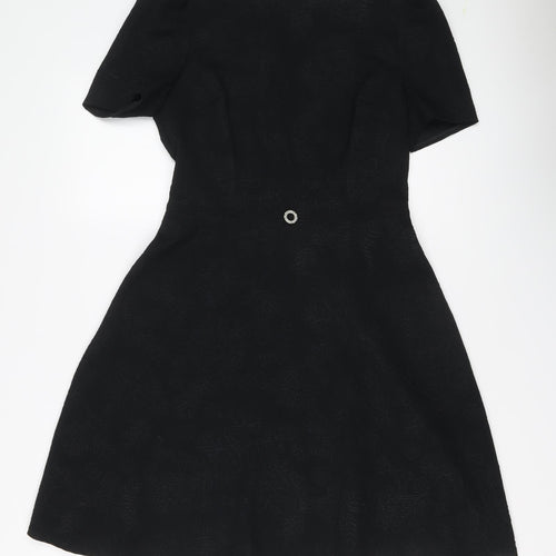 Marks and Spencer Womens Black Geometric Polyester Shift Size 10 Round Neck Zip