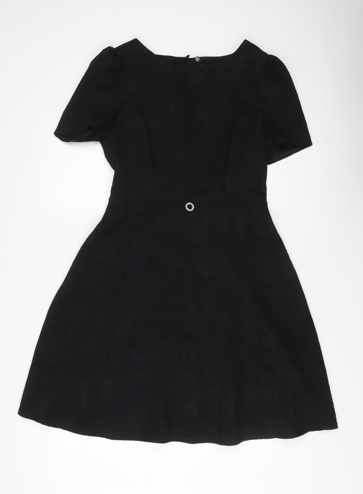 Marks and Spencer Womens Black Geometric Polyester Shift Size 10 Round Neck Zip