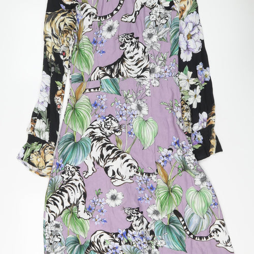 H&M Womens Multicoloured Geometric Viscose A-Line Size 4 Round Neck Button - Tiger flower pattern