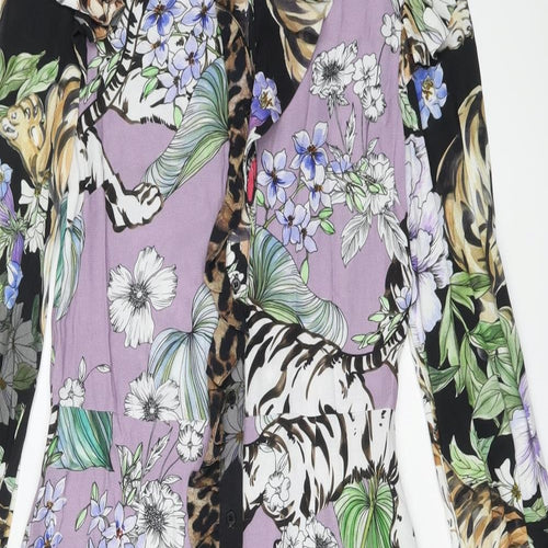 H&M Womens Multicoloured Geometric Viscose A-Line Size 4 Round Neck Button - Tiger flower pattern