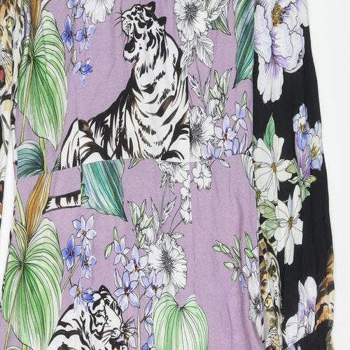 H&M Womens Multicoloured Geometric Viscose A-Line Size 4 Round Neck Button - Tiger flower pattern
