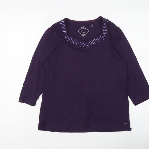 TIGI Womens Purple Viscose Basic Blouse Size 10 Round Neck